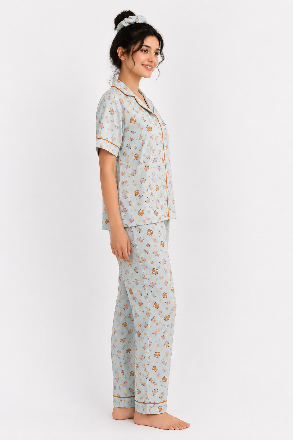 Cute Bear -Linen Pajama suit Set with Scrunchie