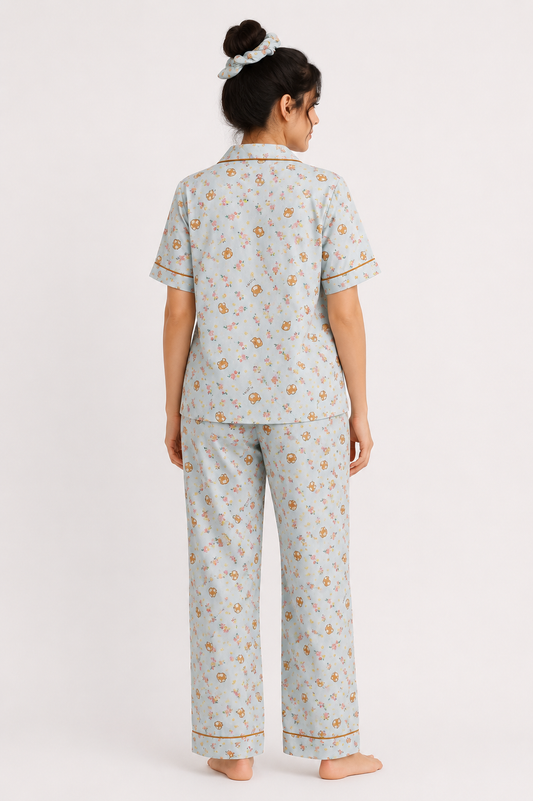 Cute Bear -Linen Pajama suit Set with Scrunchie