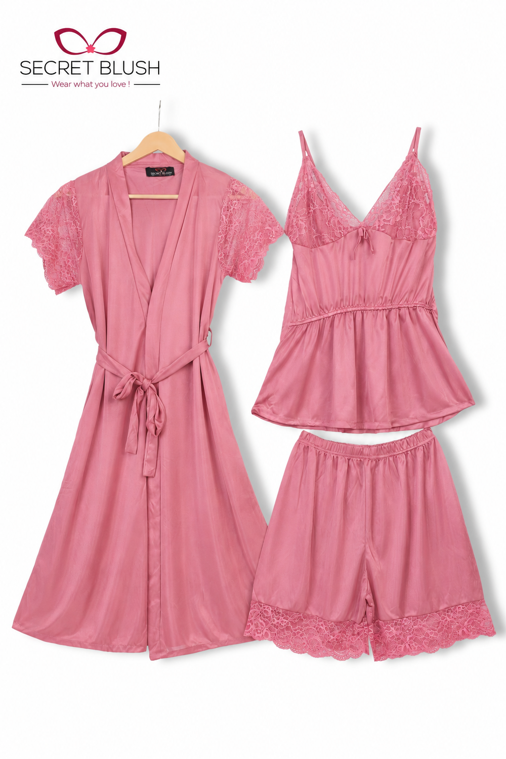 Secret Blush 3 Pieces Silk Night wear with shorts
