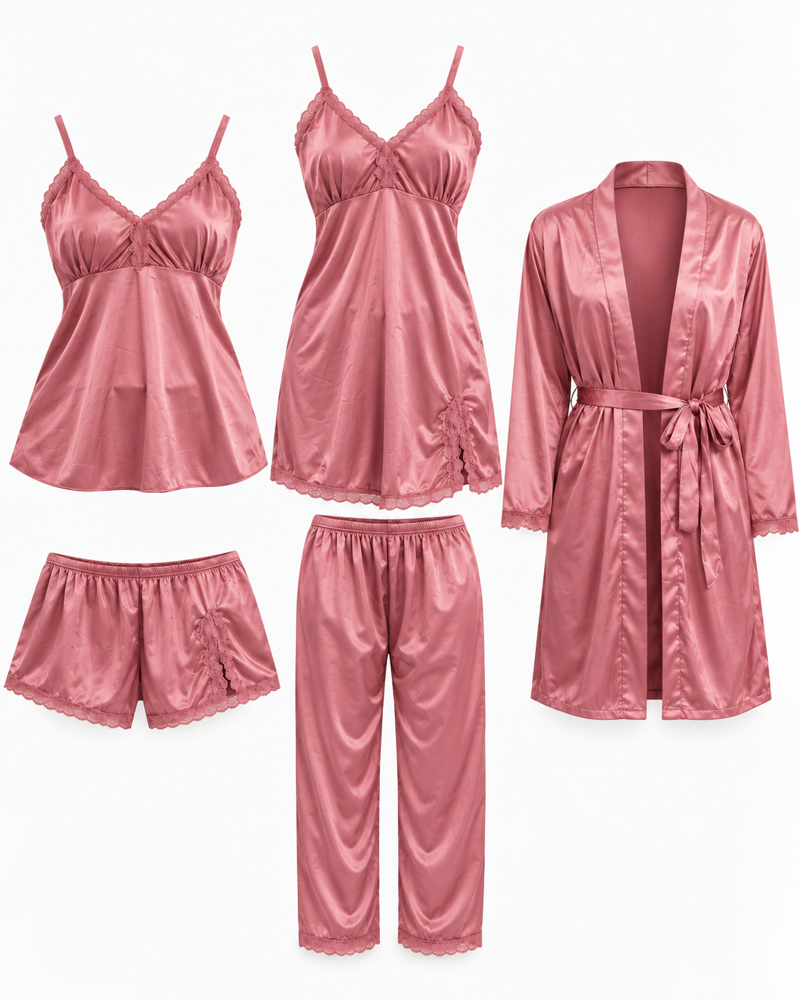 Secret Blush 5pcs Luxury Silk Bridal Nightgown's Set-Unpadded