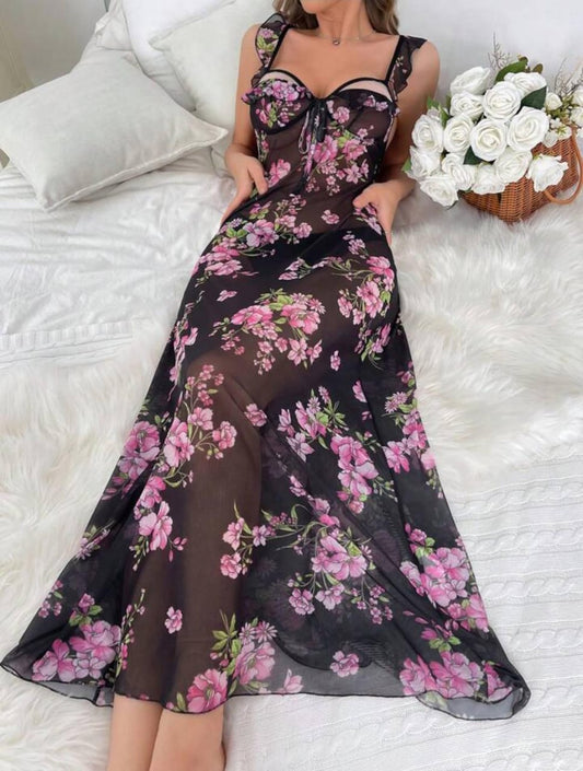Midnight Bloom 2-Piece Floral Mesh Lingerie Set