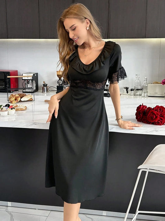 Secret Blush Long Nighty with lace inserts and flounces V-neck