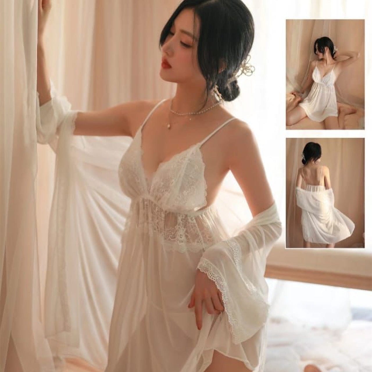 Elegant 3-Transparent Lace Lingerie Set with Robe