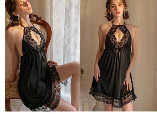 Elegant Midnight Lace Halter Babydoll lingerie