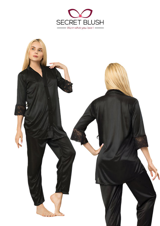 Secret Blush Silk Two pieces Trouser shirt night suit with lace on sleeve