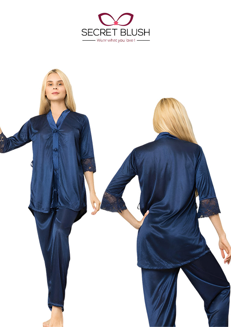 Secret Blush Silk Two pieces Trouser shirt night suit with lace on sleeve