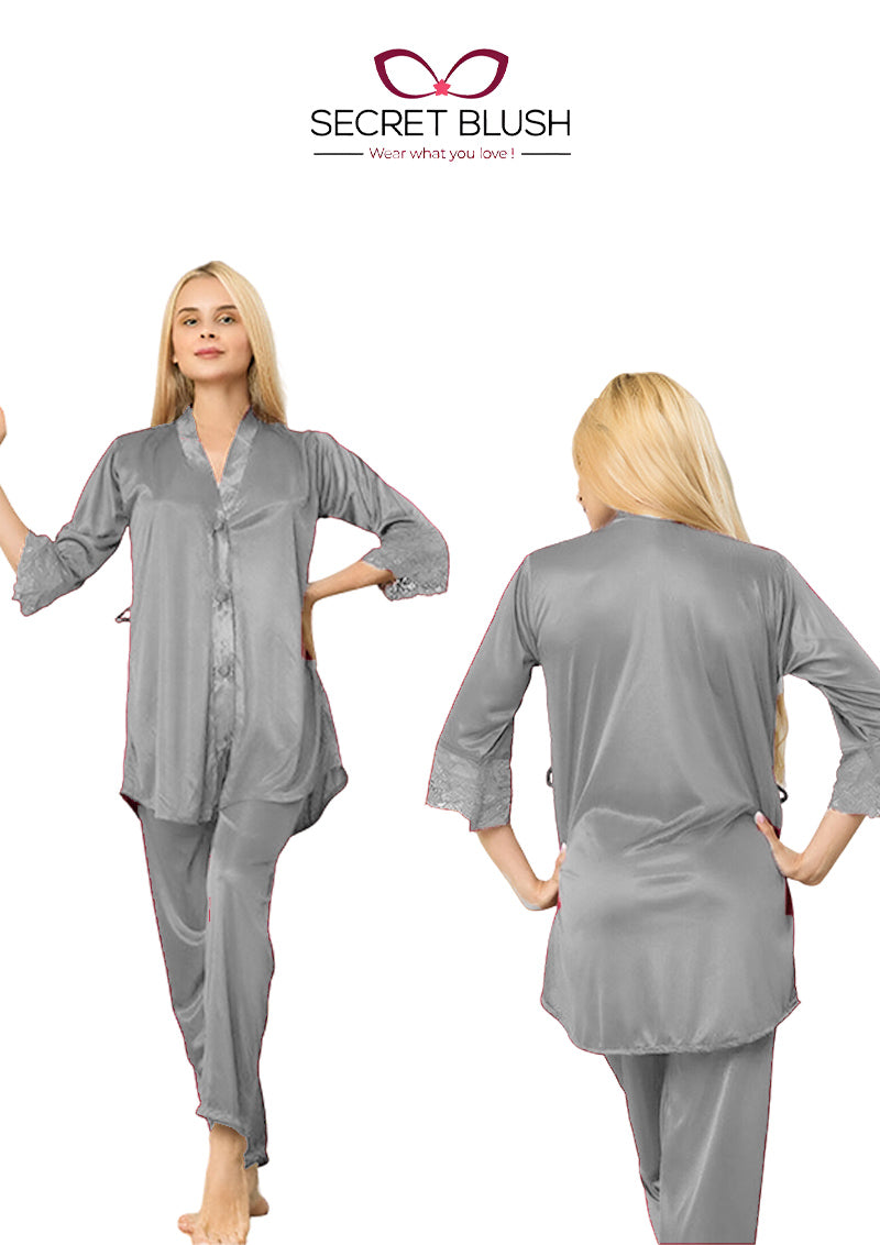Secret Blush Silk Two pieces Trouser shirt night suit with lace on sleeve