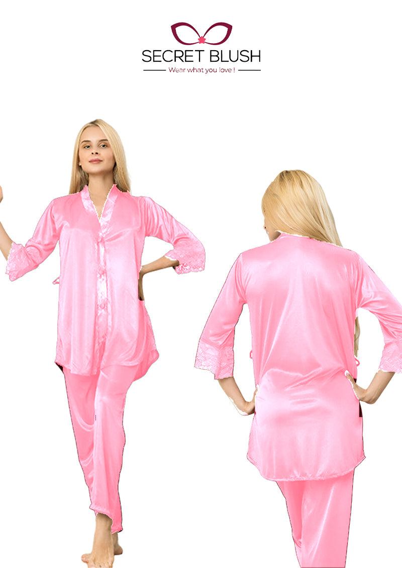 Secret Blush Silk Two pieces Trouser shirt night suit with lace on sleeve