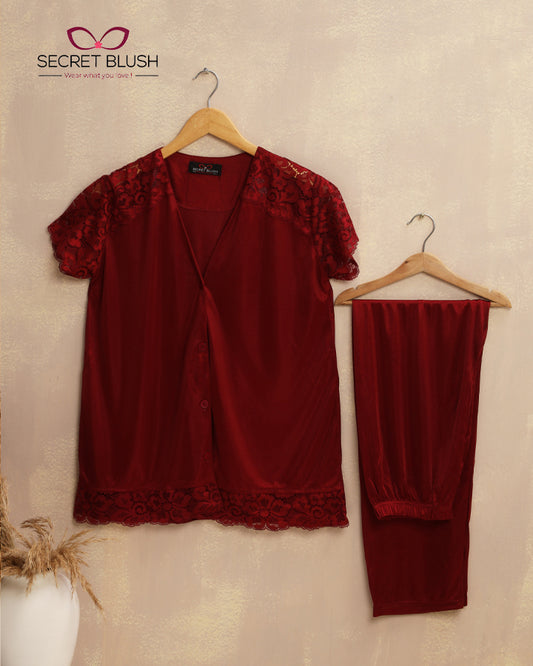 Secret Blush 2 Pieces Lace Silk Night suit Shirt Trouser