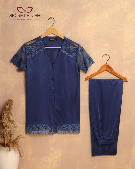 Secret Blush 2 Pieces Lace Silk Night suit Shirt Trouser