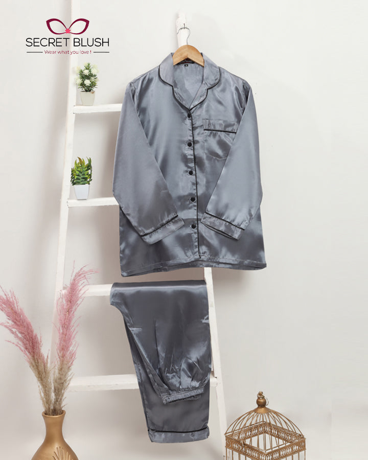 Secret blush Satin Silk 2 Pieces Night Suit Shirt Trouser
