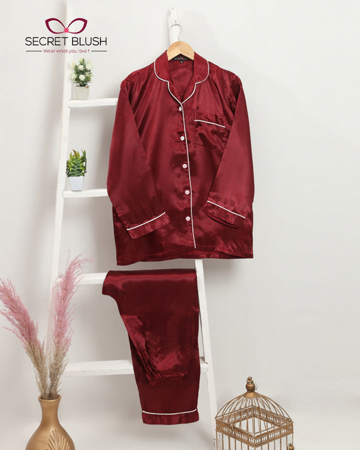 Secret blush Satin Silk 2 Pieces Night Suit Shirt Trouser