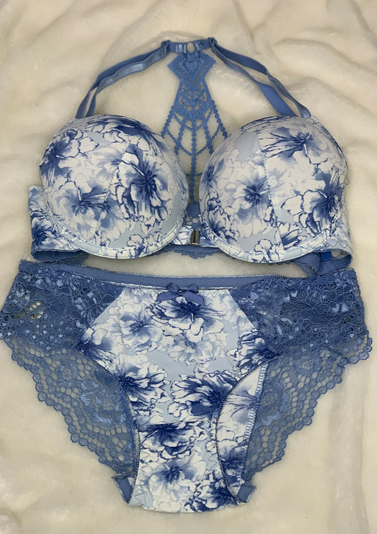 Secret Blush Printed Back Lace front Open Super Padded Bra Set