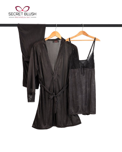Secret Blush 3 Pieces Silk Nightwear with trouser