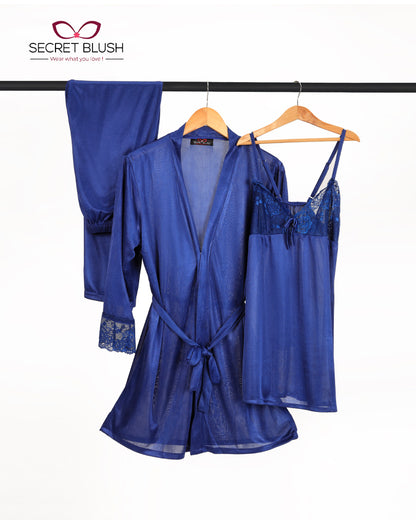 Secret Blush 3 Pieces Silk Nightwear with trouser