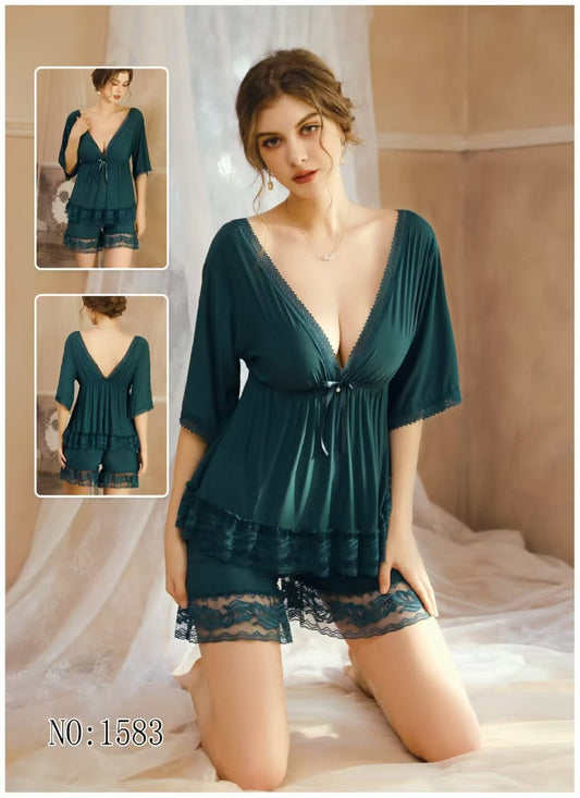 Secret Blush Elegant Lace Deep V-Neck Trim 2-Piece Nightwear Set