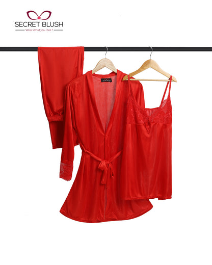 Secret Blush 3 Pieces Silk Nightwear with trouser