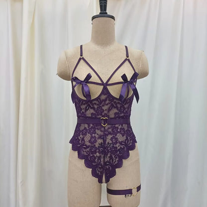 Sexy Lace Teddy Lingerie with Strappy Bow Design