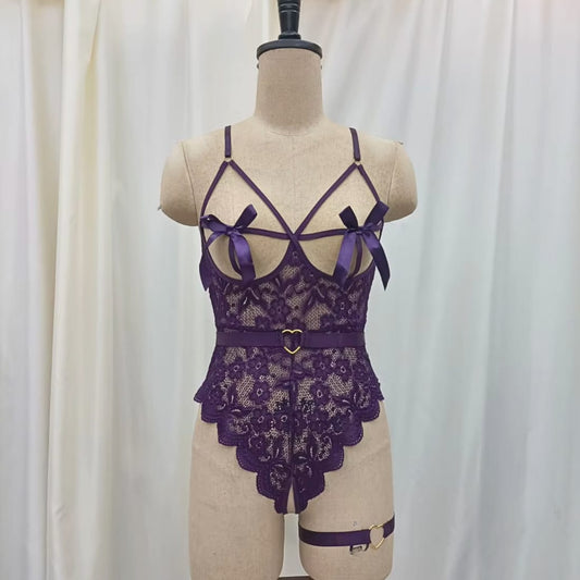Sexy Lace Teddy Lingerie with Strappy Bow Design