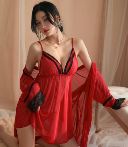 Secret Blush 3-Piece Sheer Lace Lingerie Set with Robe, Nightdress & Panty