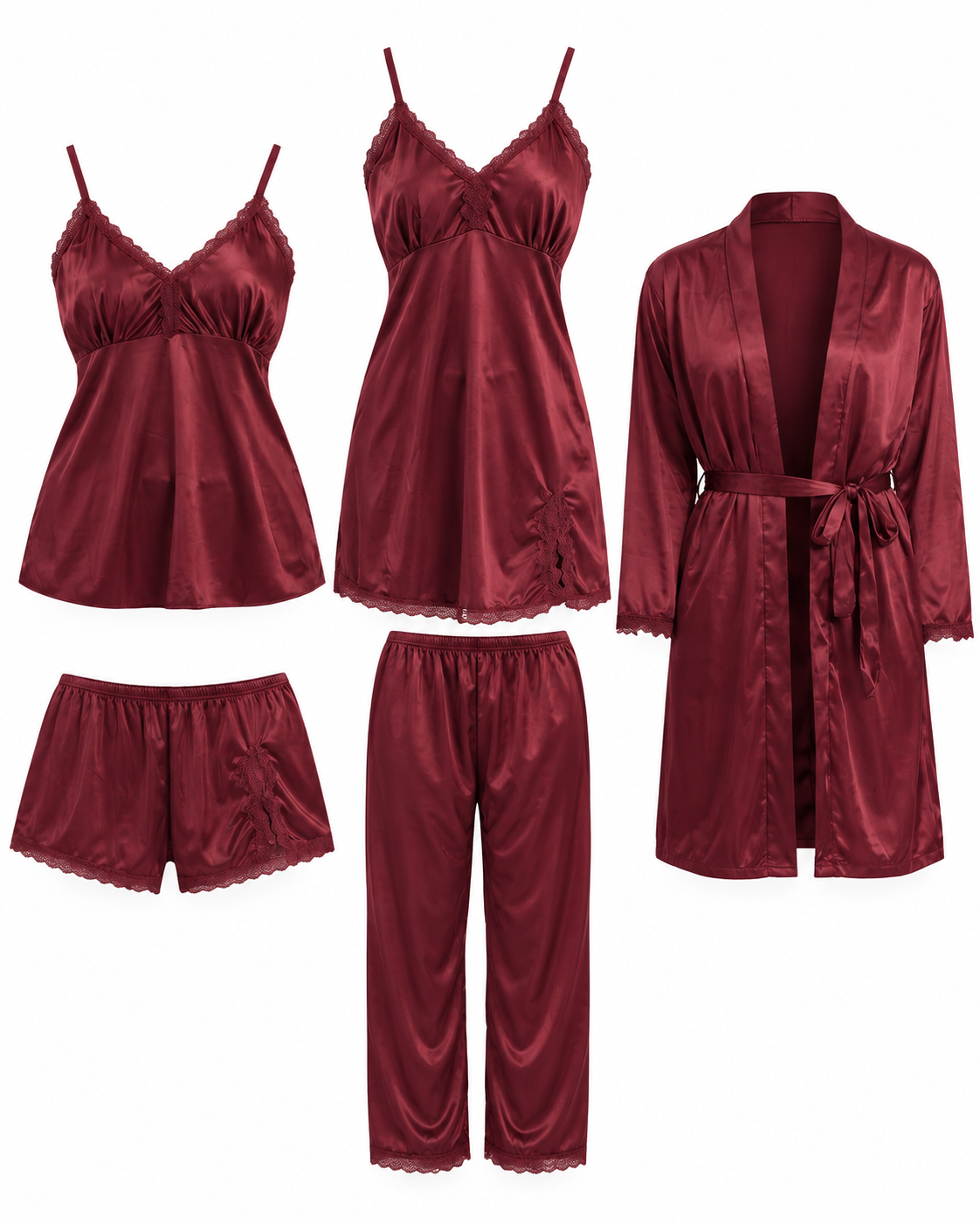 Secret Blush 5pcs Luxury Silk Bridal Nightgown's Set-Unpadded