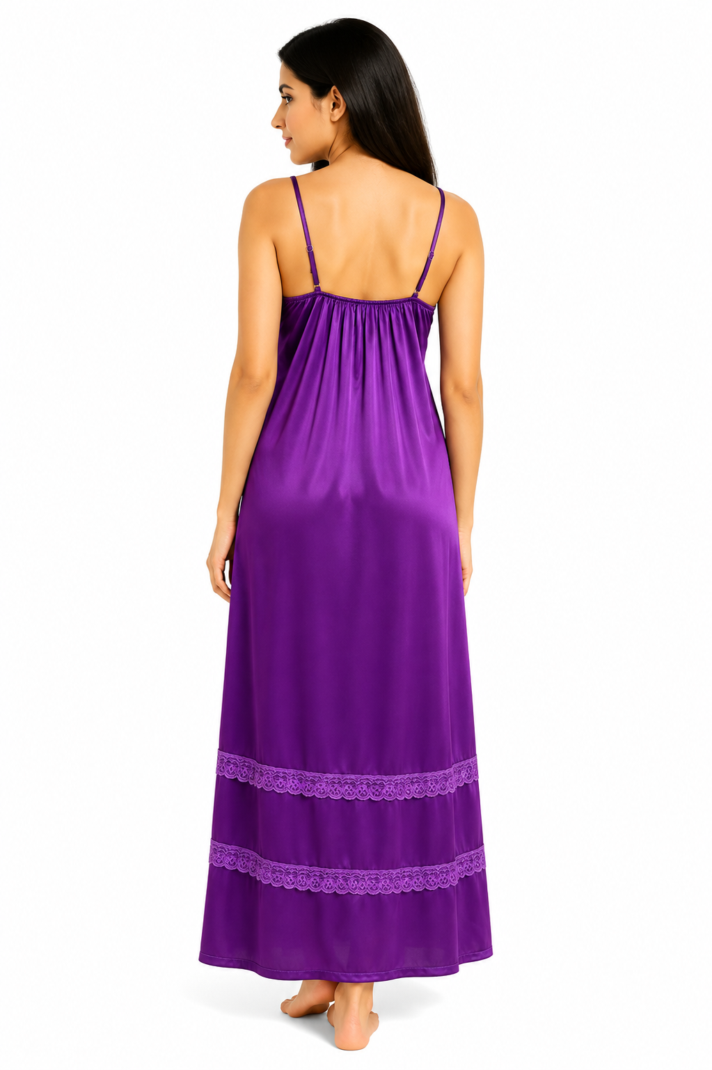 Royal Plum Lace-Trim Silk 2 Piece Nightgown Set