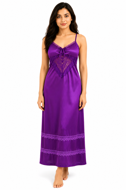 Royal Plum Lace-Trim Silk 2 Piece Nightgown Set