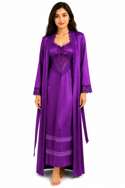 Royal Plum Lace-Trim Silk 2 Piece Nightgown Set