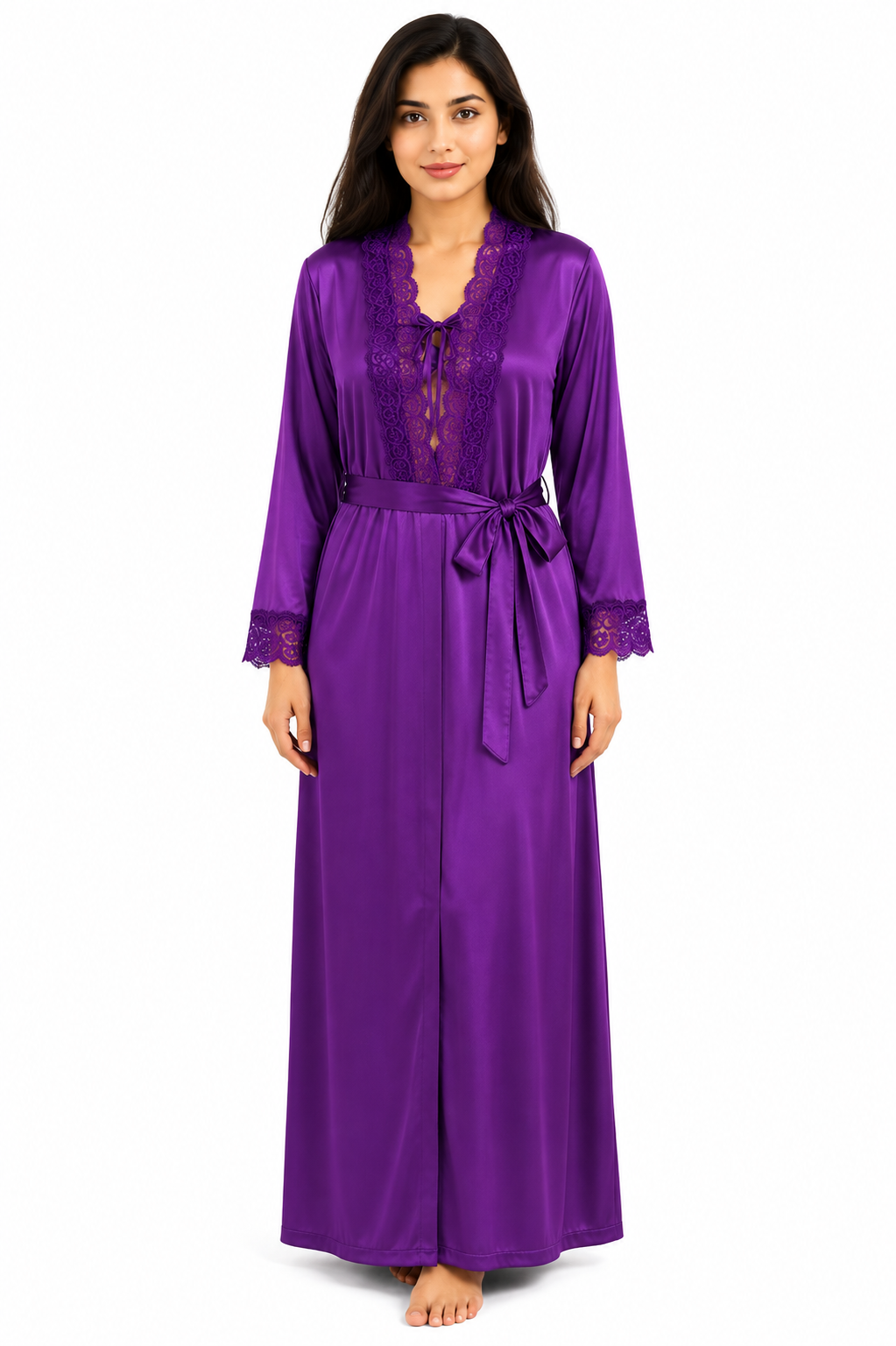 Royal Plum Lace-Trim Silk 2 Piece Nightgown Set