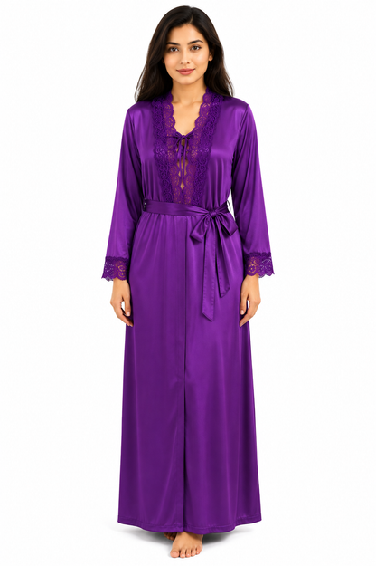 Royal Plum Lace-Trim Silk 2 Piece Nightgown Set