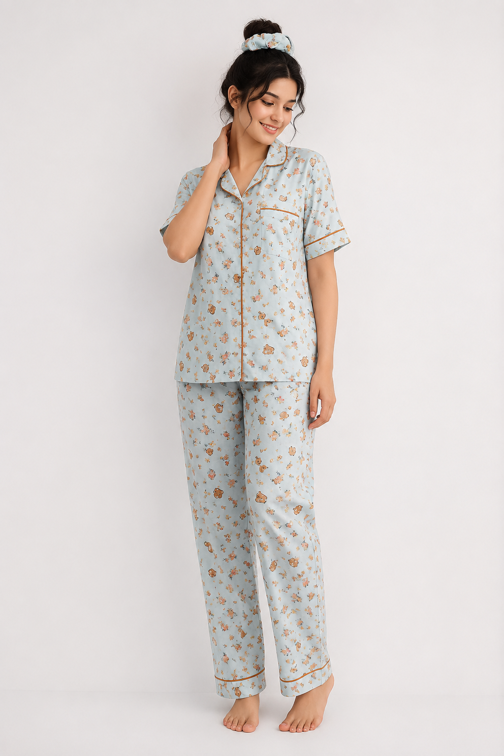 Cute Bear -Linen Pajama suit Set with Scrunchie