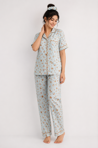 Cute Bear -Linen Pajama suit Set with Scrunchie