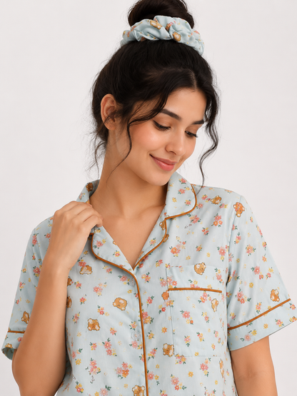 Cute Bear -Linen Pajama suit Set with Scrunchie