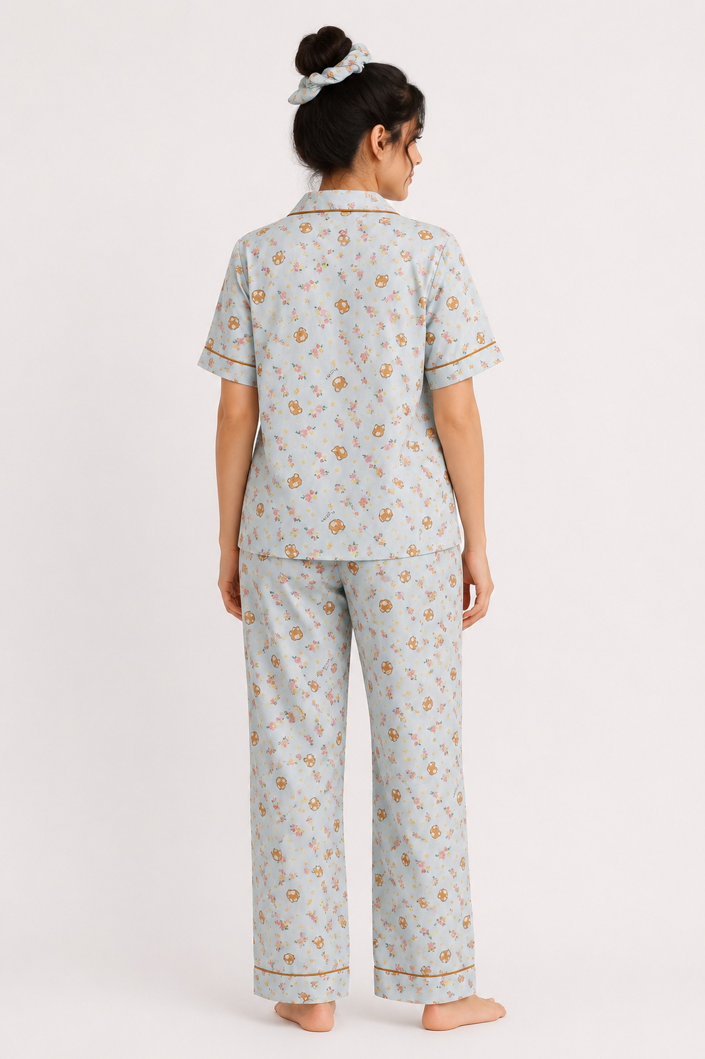 Cute Bear -Linen Pajama suit Set with Scrunchie