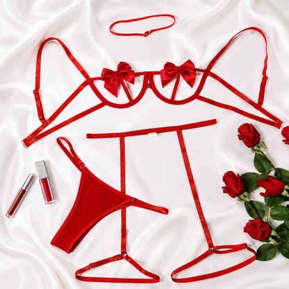 Crimson Romance-Scarlet Satin Bow 3-Piece Lingerie Set