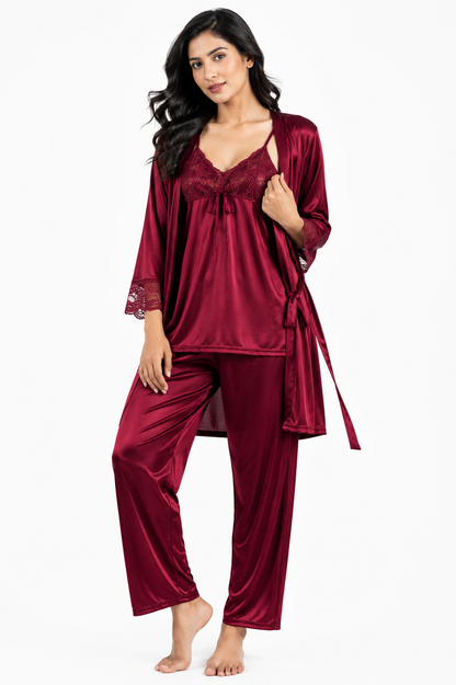 Secret Blush 3 Pieces Silk Nightwear with trouser