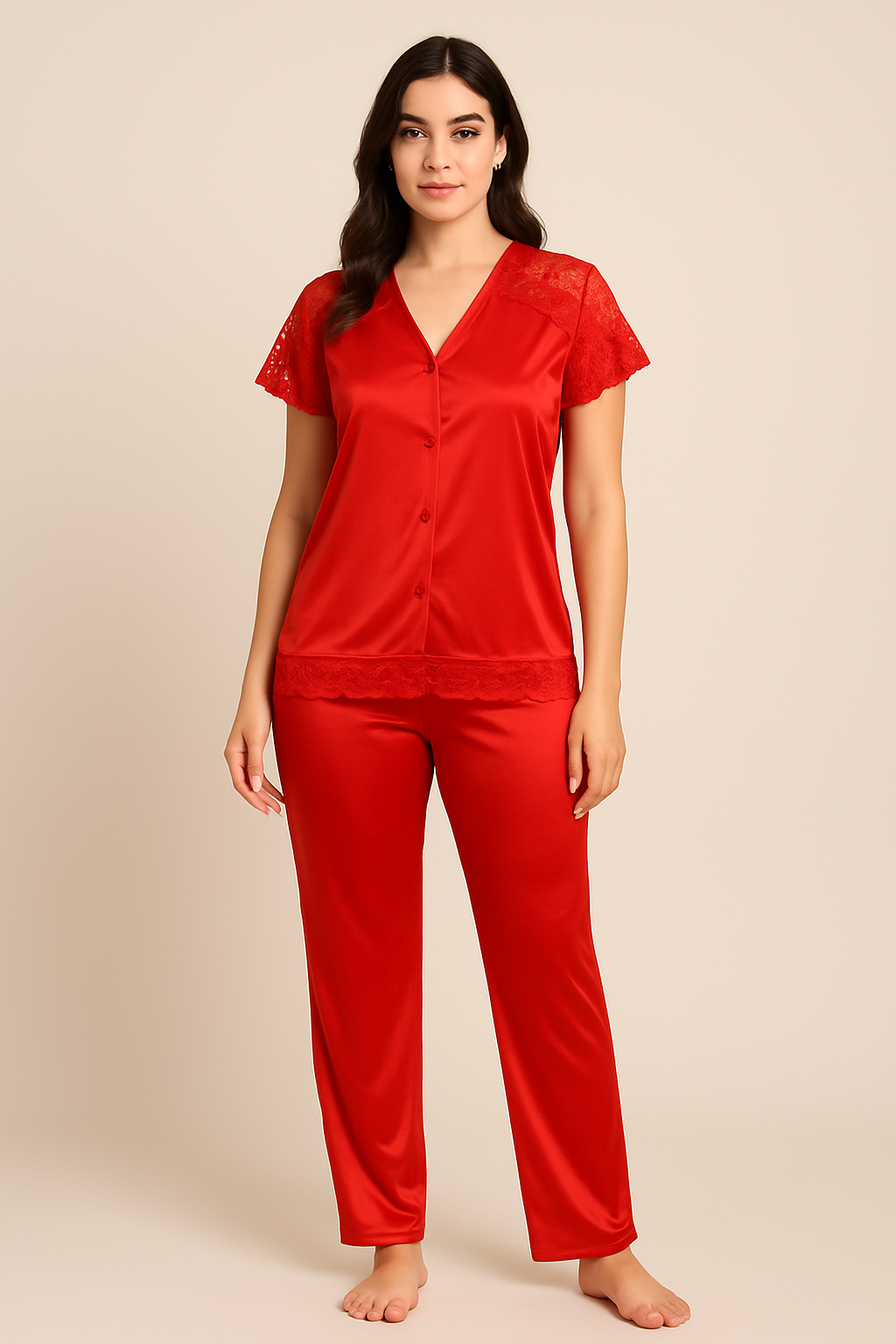 Secret Blush 2 Pieces Lace Silk Night suit Shirt Trouser