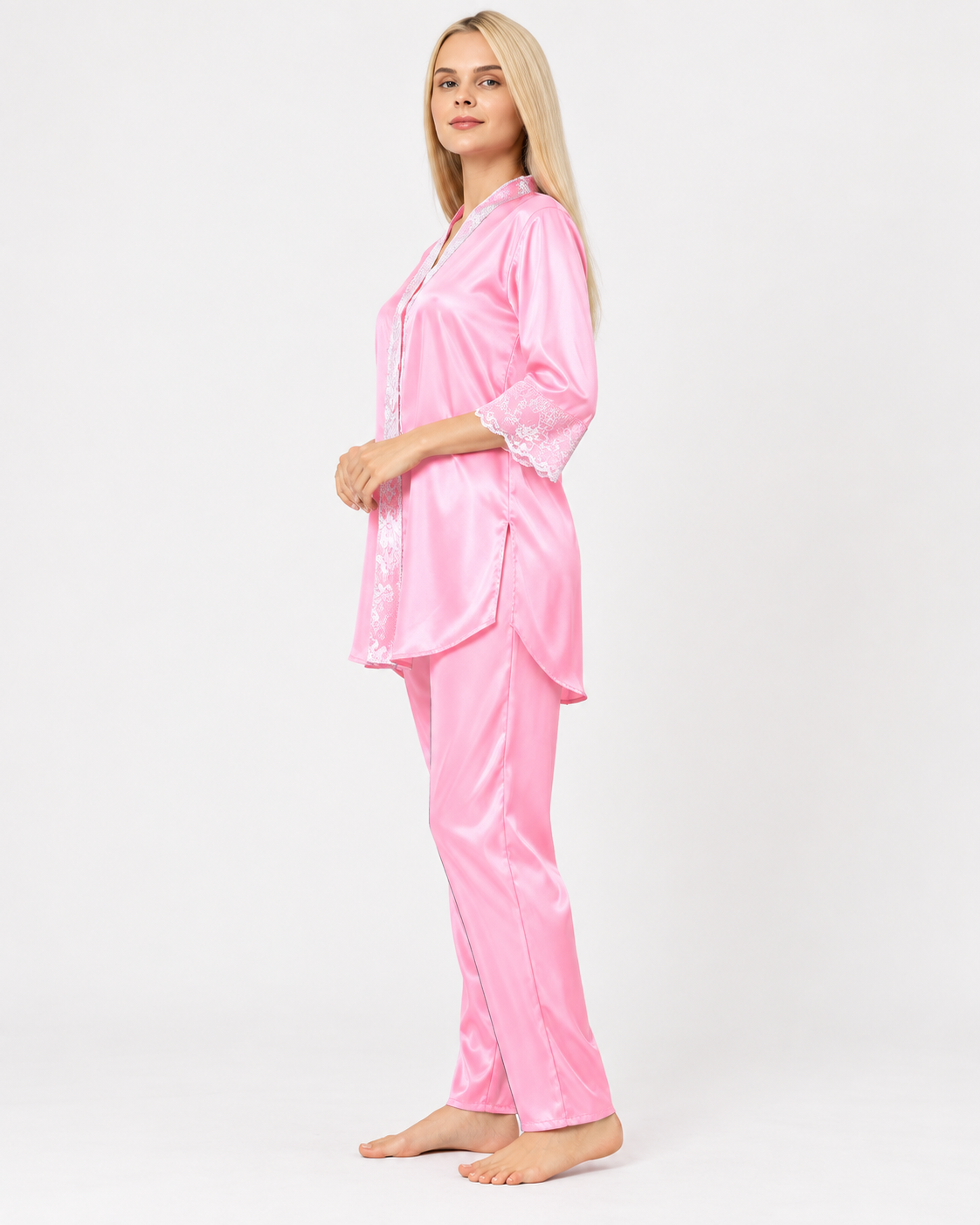 Secret Blush Silk Two pieces Trouser shirt night suit with lace on sleeve