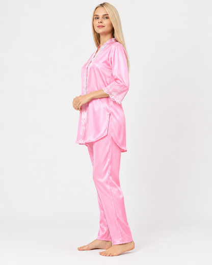 Secret Blush Silk Two pieces Trouser shirt night suit with lace on sleeve
