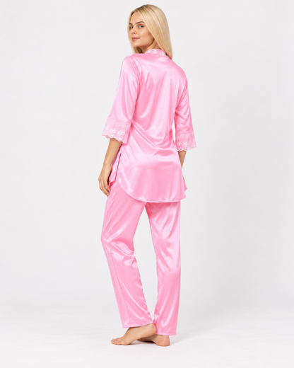 Secret Blush Silk Two pieces Trouser shirt night suit with lace on sleeve