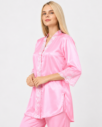 Secret Blush Silk Two pieces Trouser shirt night suit with lace on sleeve