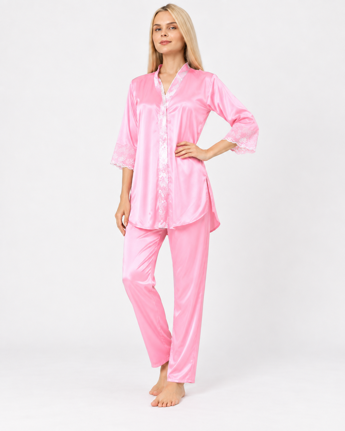 Secret Blush Silk Two pieces Trouser shirt night suit with lace on sleeve