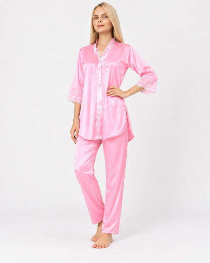 Secret Blush Silk Two pieces Trouser shirt night suit with lace on sleeve