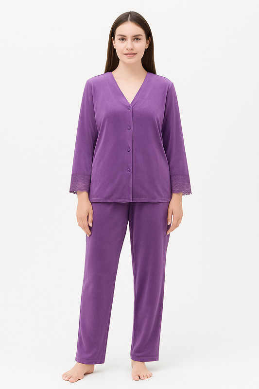 Secret Blush Laced sleeves silk pajama suit