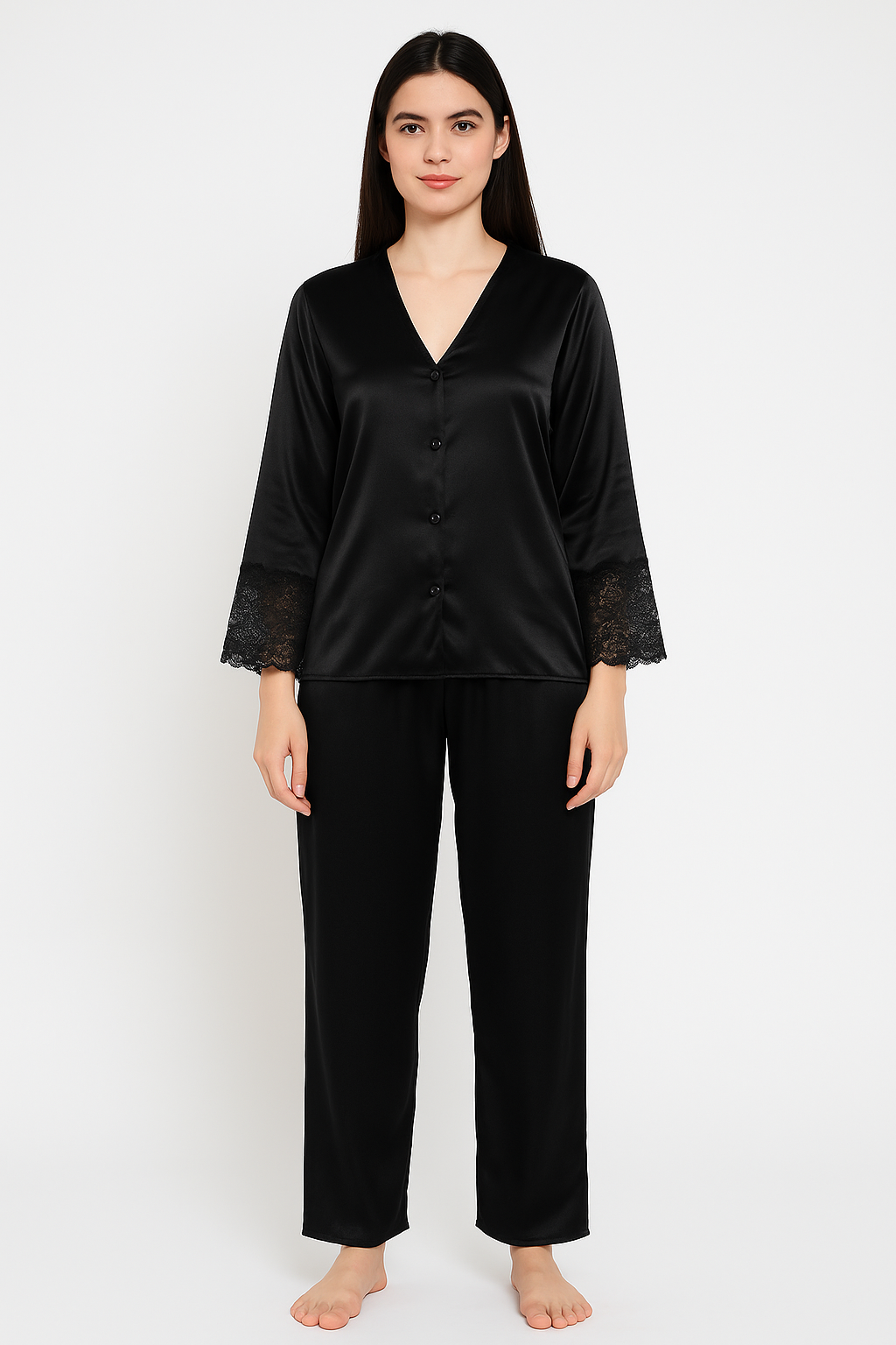 Secret Blush Laced sleeves silk pajama suit