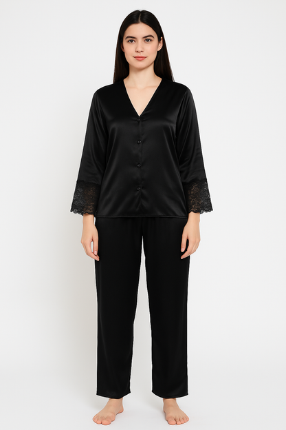 Secret Blush Laced sleeves silk pajama suit