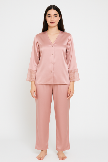 Secret Blush Laced sleeves silk pajama suit