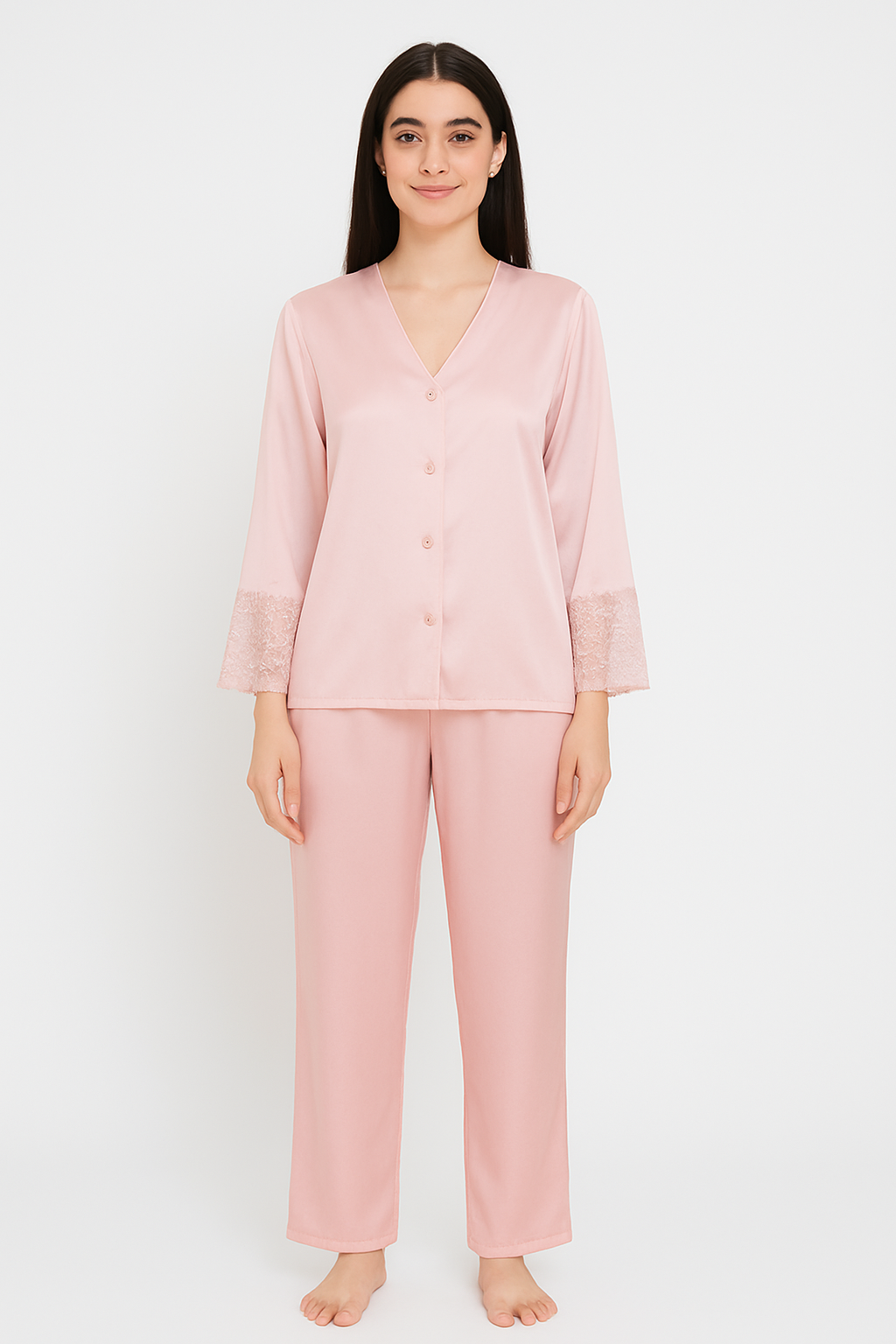 Secret Blush Laced sleeves silk pajama suit