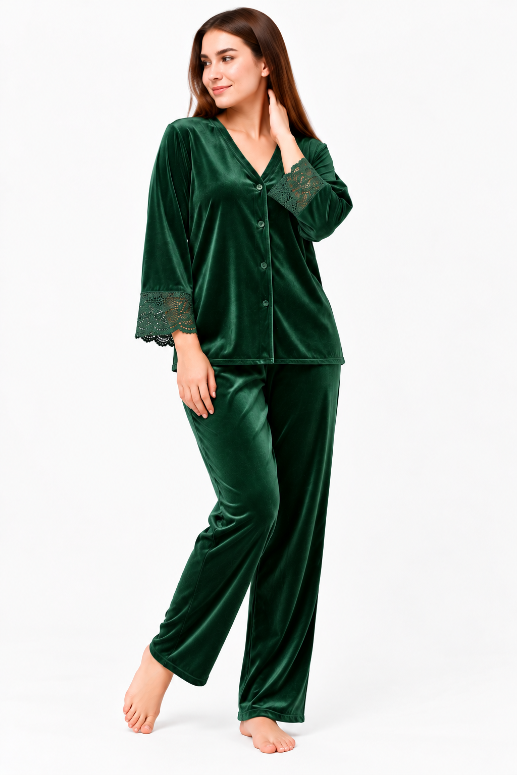 Secret Blush Laced sleeves silk pajama suit