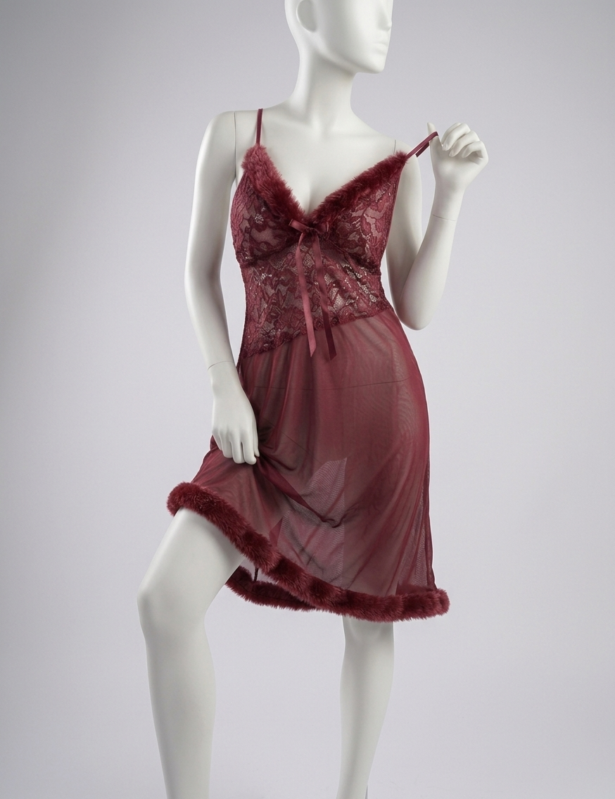 Lace Fur Trimmed Chemise-Midnight Velvet